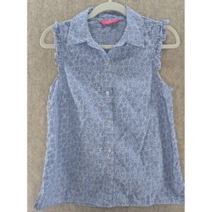 Lilly Pulitzer Blue White Striped Eyelet Ruffle Sleeve Button Up Shirt  Small